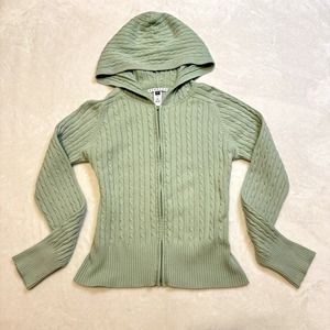 GAP Mint green Solid Cable Knit Long Sleeve Zip Up Hooded Sweater
